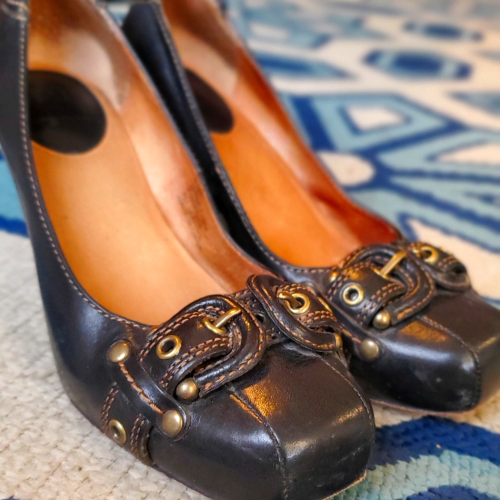 Frye black leather buckle heels